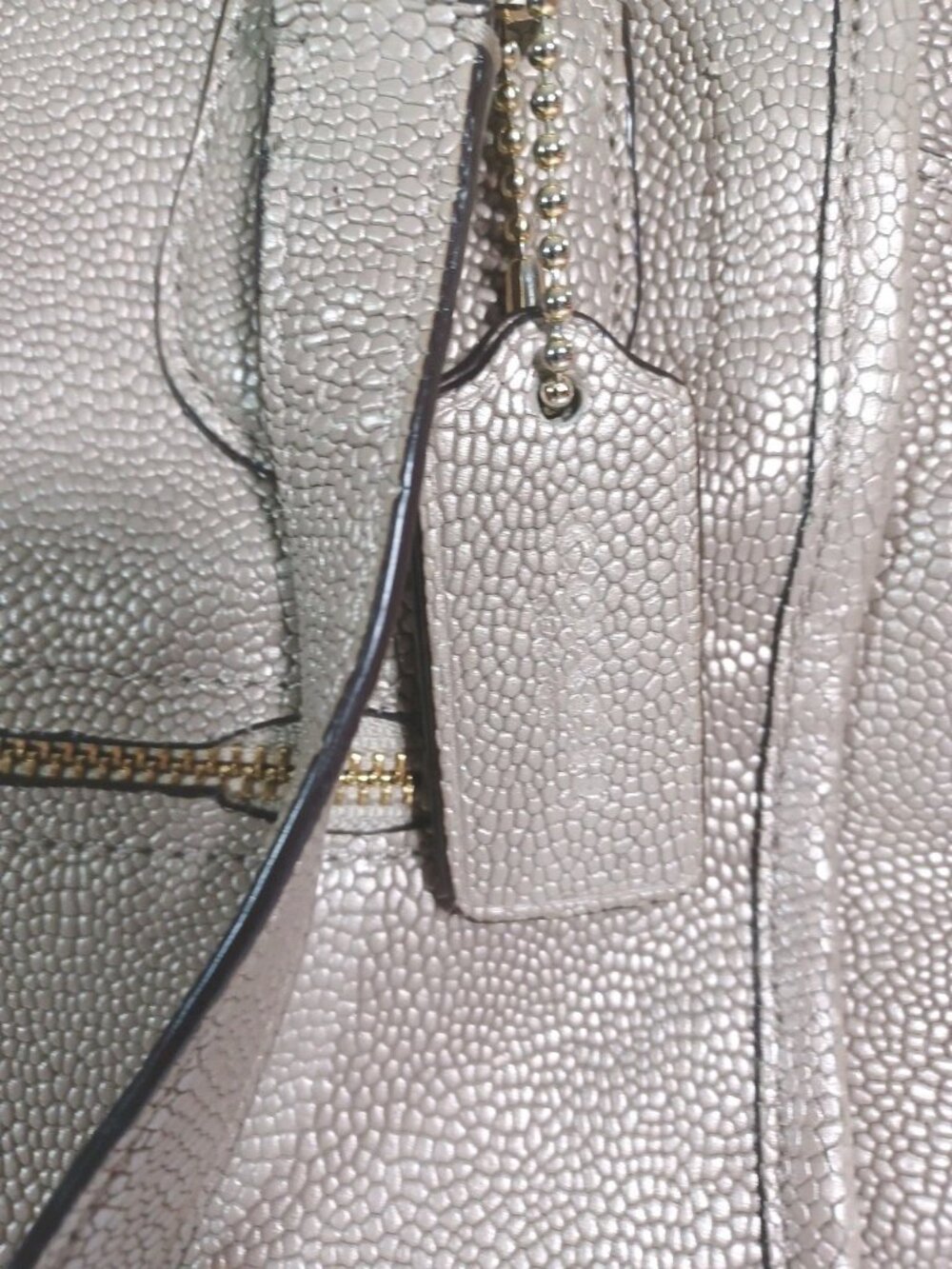 Coach Mickie 18x14 Zipper Pebbled Leather Tote Metallic Taupe Gold Hardware - Picture 6 of 16